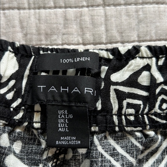 Tahari black off white elastic waist wide leg 100% linen boho tribal pants L - Picture 7 of 9